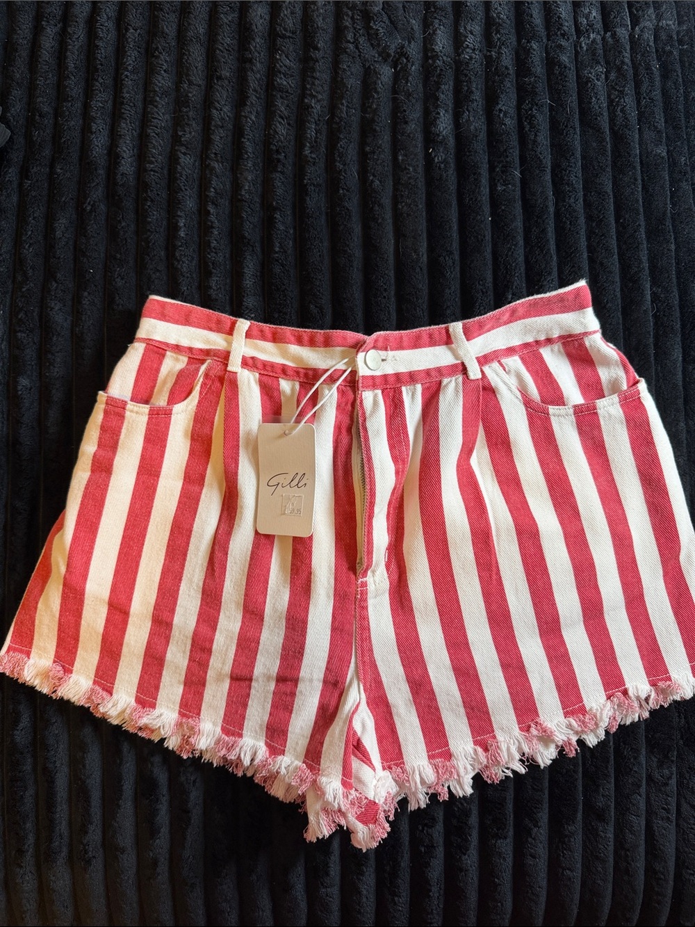 Gilli Red and White Vertical Stripe High-Waist Shorts
